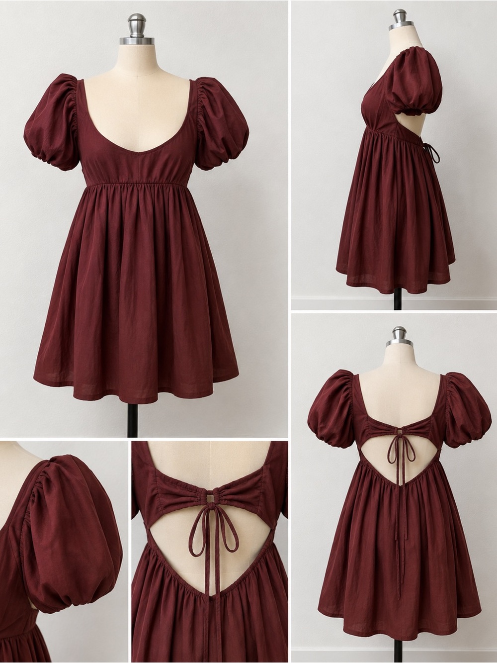Free People Women’s Size M Brown Puff Sleeve Open Back Tie Babydoll Mini Dress